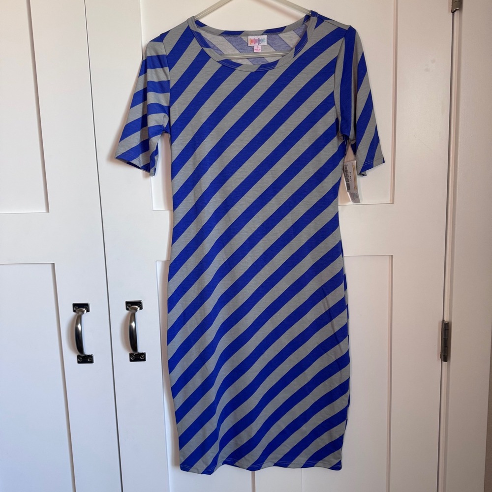 LuLaRoe Julia Shirt Dress Blue & Gray Stripes Women's Size Small Pencil FLAWED